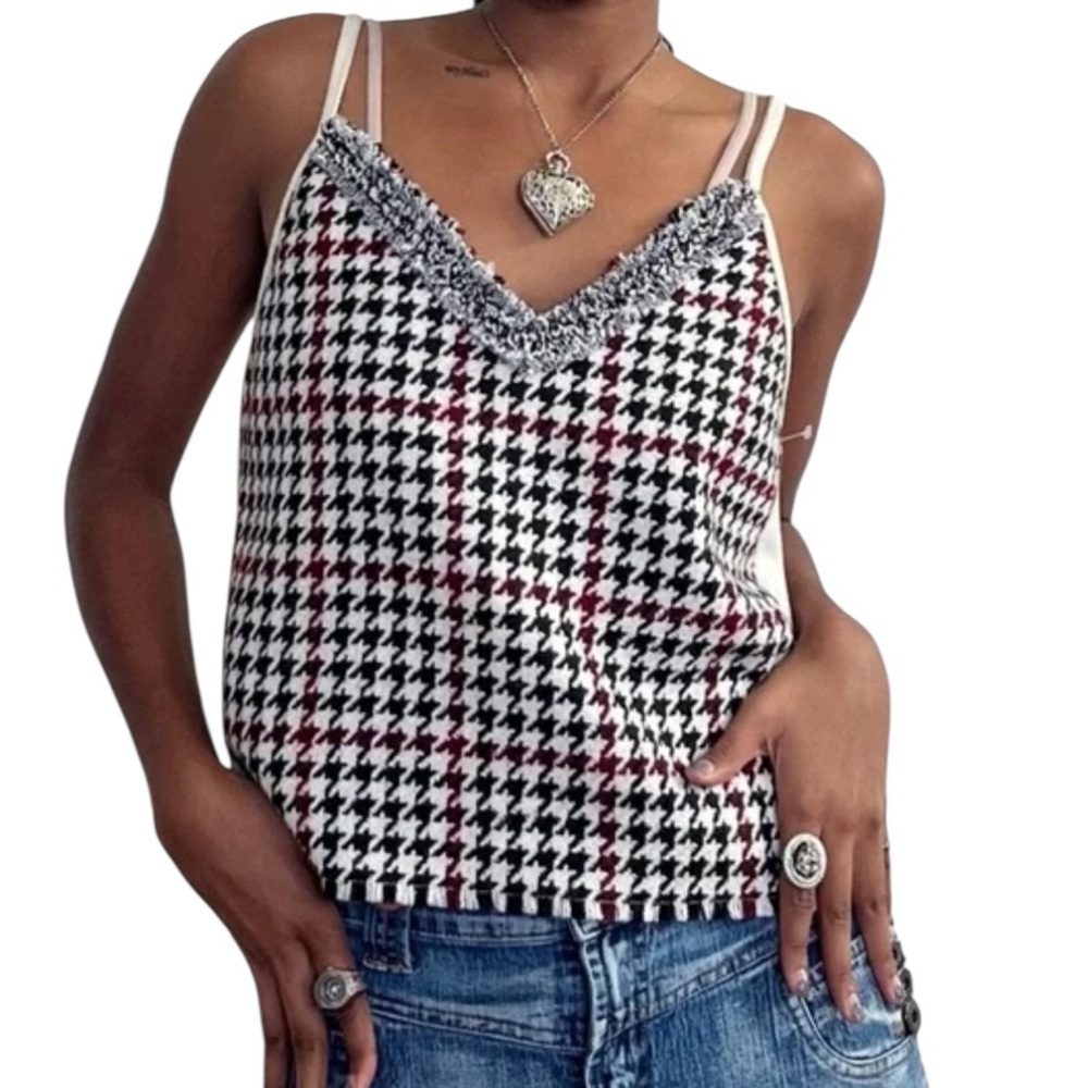 Zara Black Burgundy Cream Houndstooth Tweed Faux Suede Fringe Cami Tank Top - S